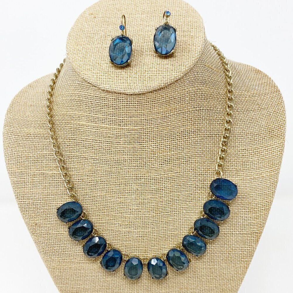 Blue Topaz Oval Stone Necklace with Matching Earrings Set